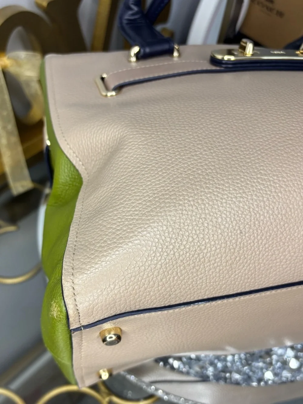 Coach 2015 Swagger Carryall Colorblock Leather Tote Satchel STONE Green Navy EUC - Picture 12 of 15